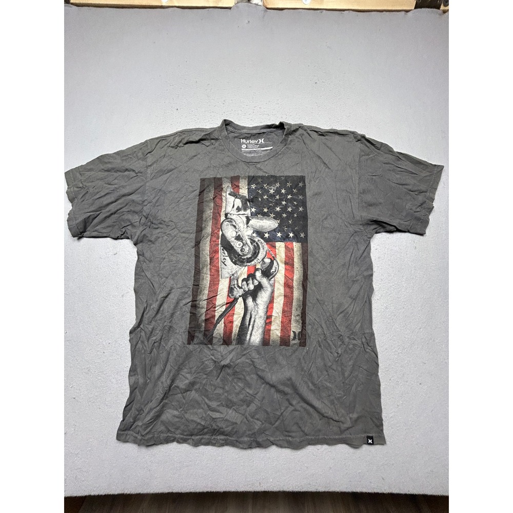 Hurley Graphic T-Shirt Cotton Gray American Flag XL Mens
